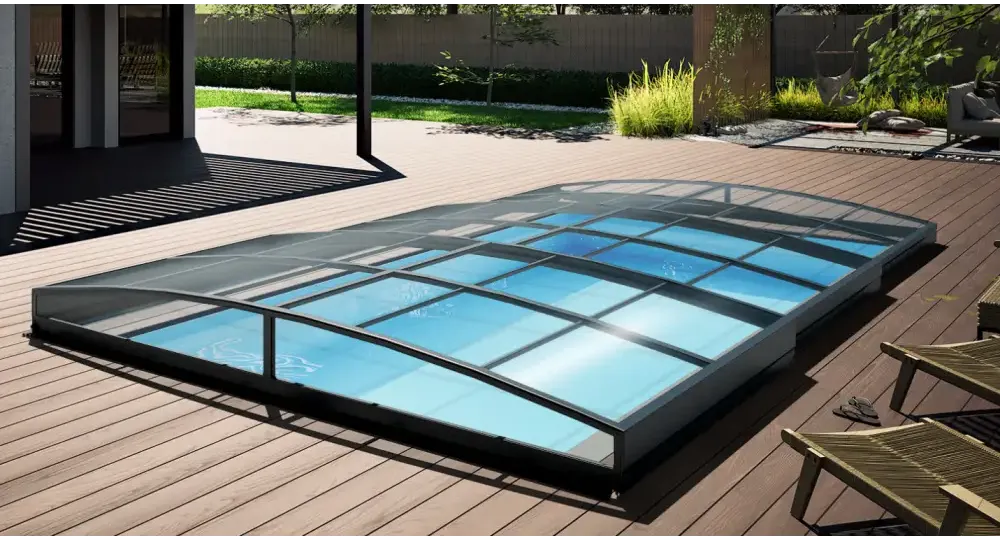 Pooltak Sydney 3×6 med modern böjd glas och antracit enkelskena